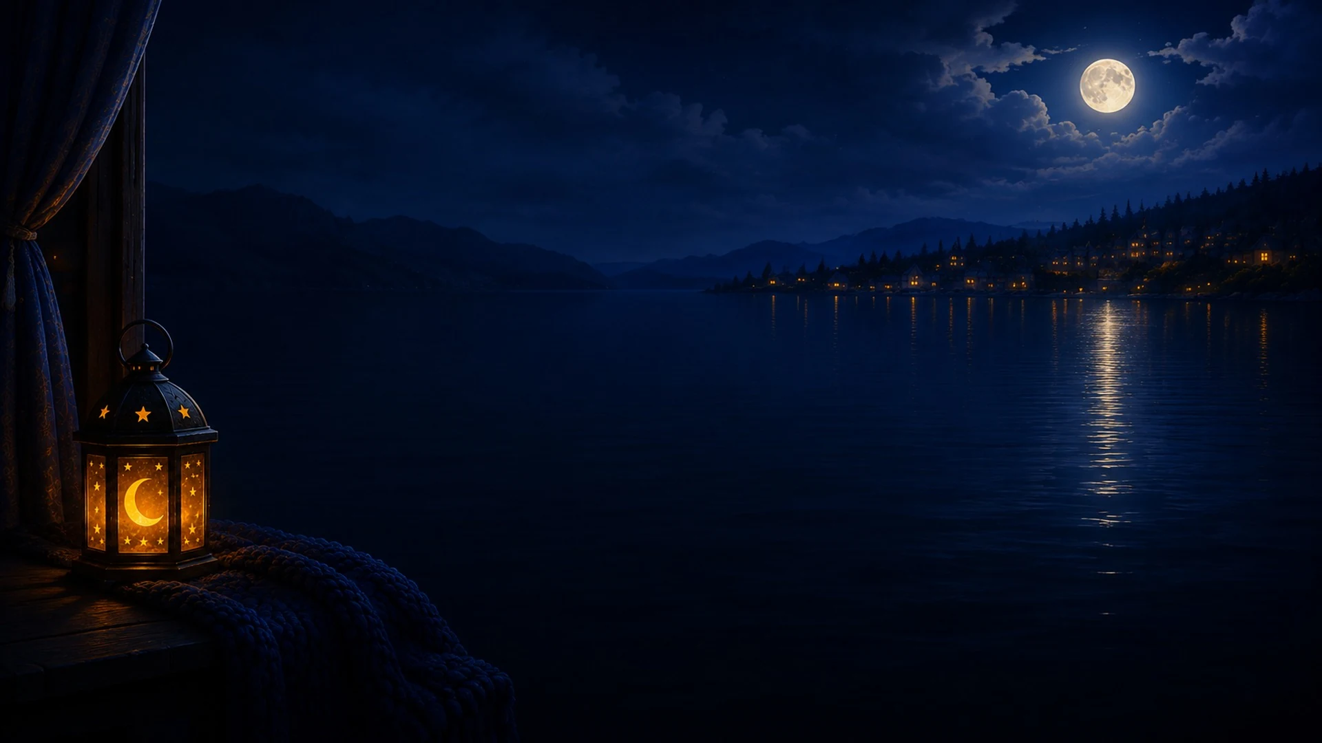 Adult Sleep Stories project illustration of a lantern beside a moonlit lake