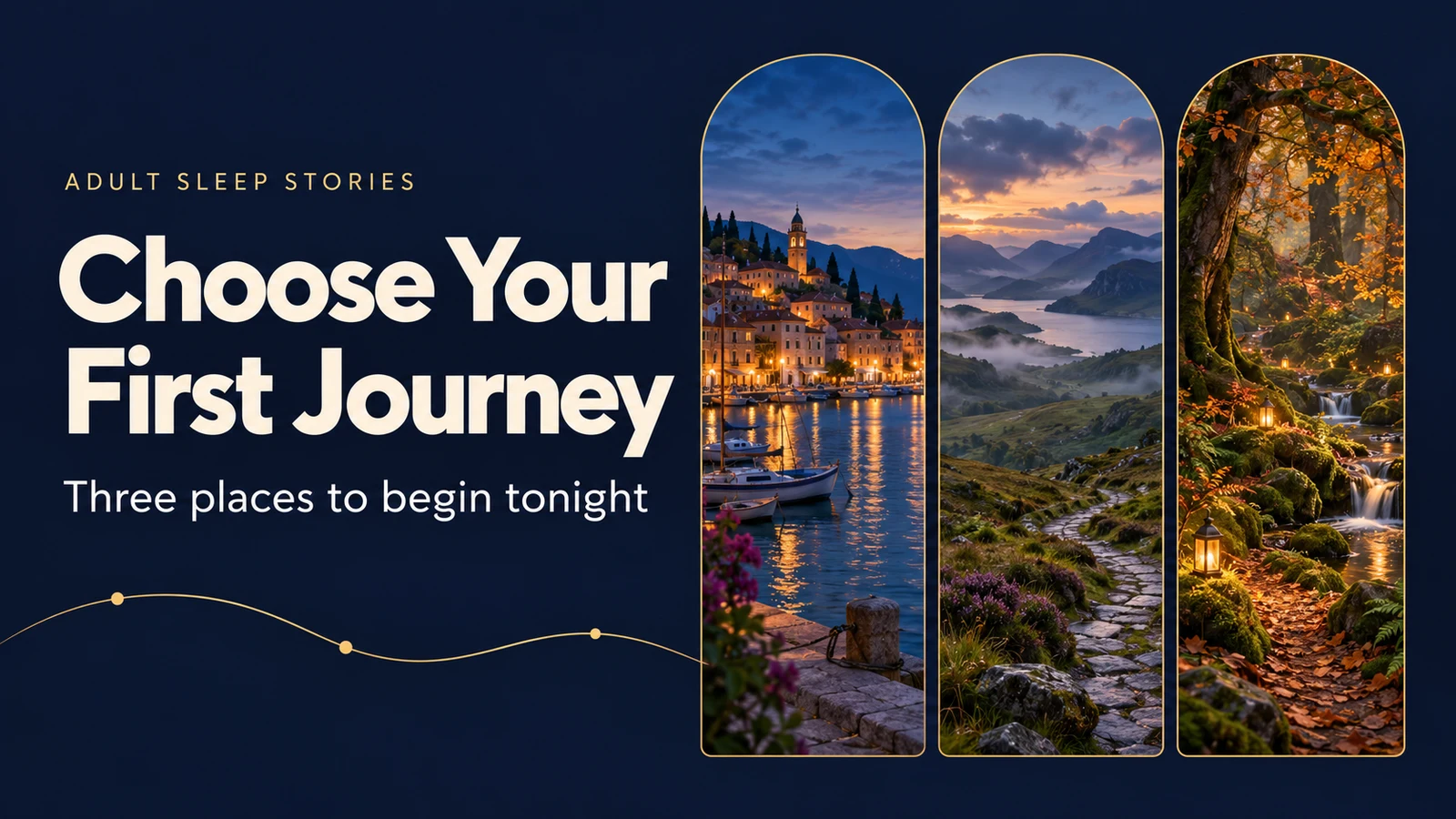 Choose Your First Journey: three peaceful scenes of a harbor at dusk, a misty Highland path, and a lantern-lit woodland.