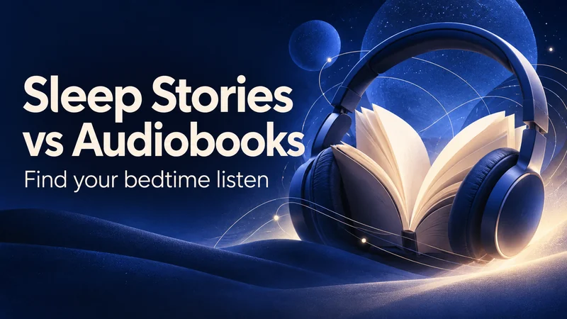 Open book and headphones on an indigo background with the headline Sleep Stories vs Audiobooks and the line Find your bedtime listen.