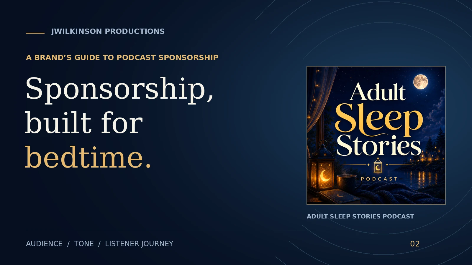 Sponsorship, built for bedtime: a brandâs guide featuring the Adult Sleep Stories Podcast cover.