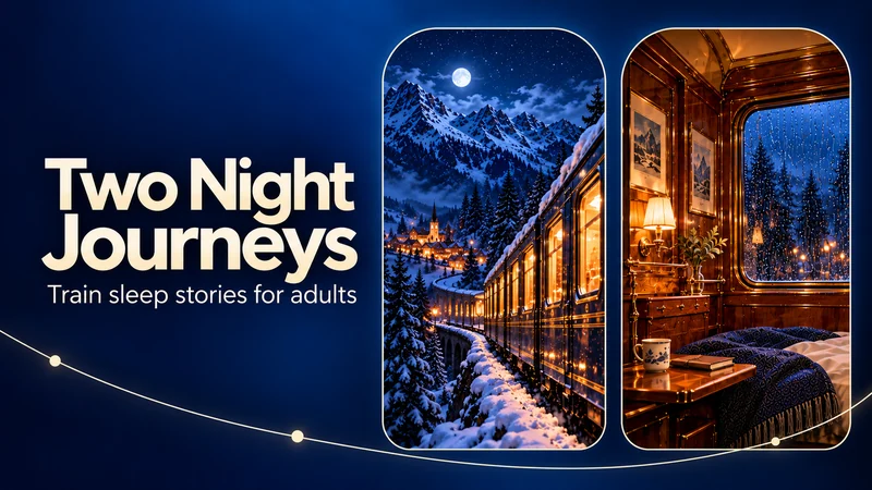 Two Night Journeys graphic showing a snowy Alpine train and a warm cabin with rain on the window, beside the line Train sleep stories for adults.